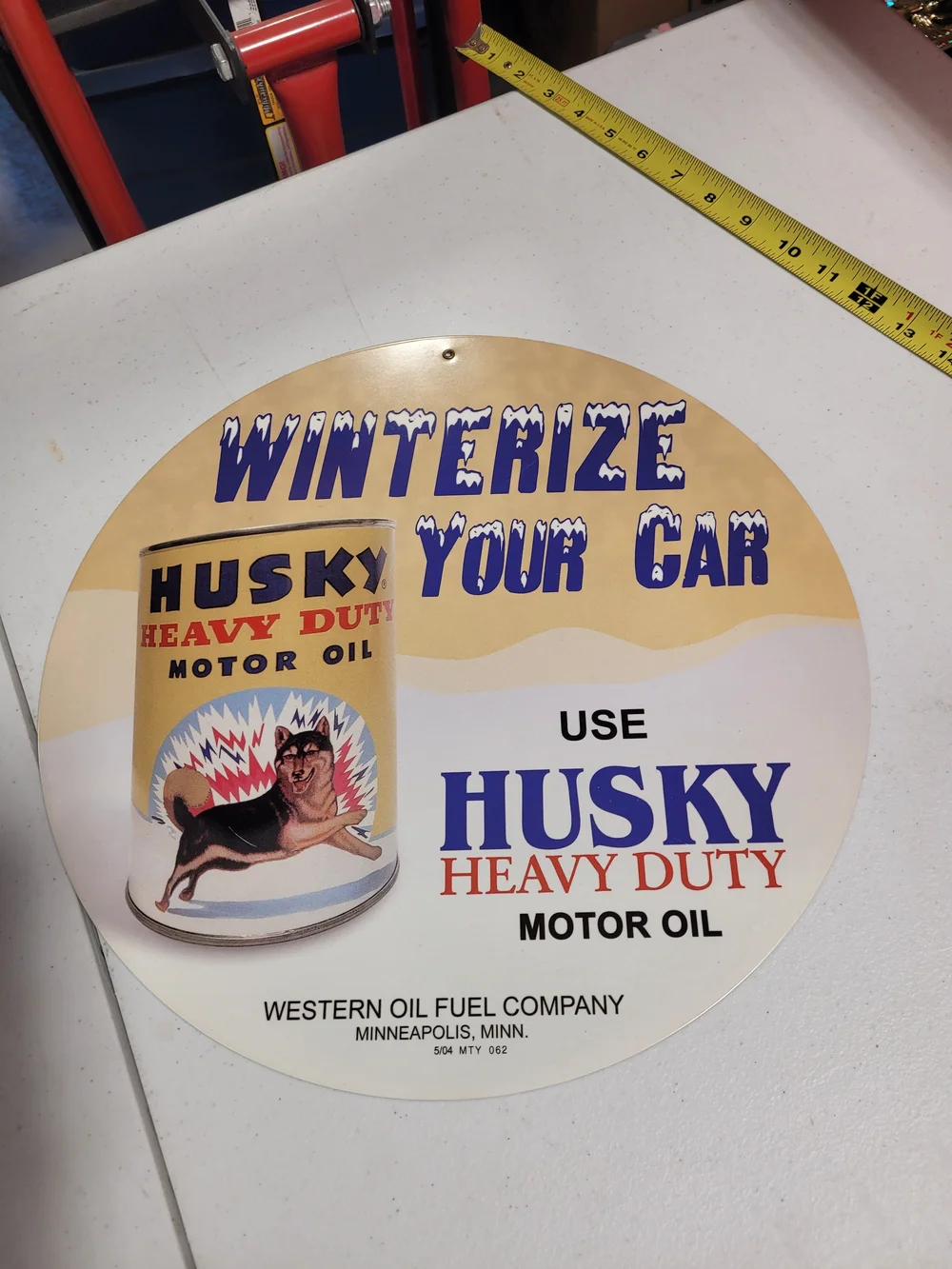 Husky Heavy Duty Motor Oil Round Wall Sign - Cream, Blue, Red